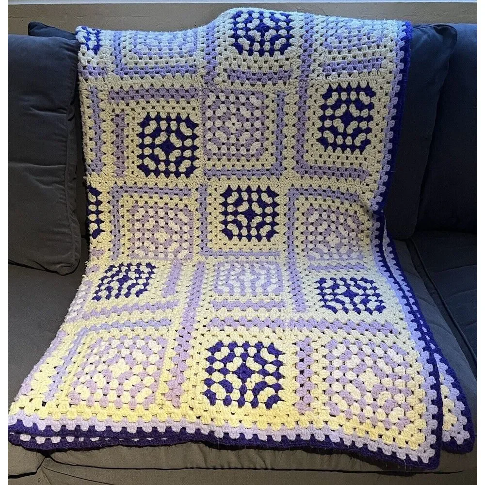 Vtg Purple White Crochet Handmade Afghan Throw Blanket Granny Square Style 48x64